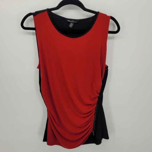 Kenneth Cole Womens large red black Color block blouse sleeveless ruched zip - Picture 9 of 9